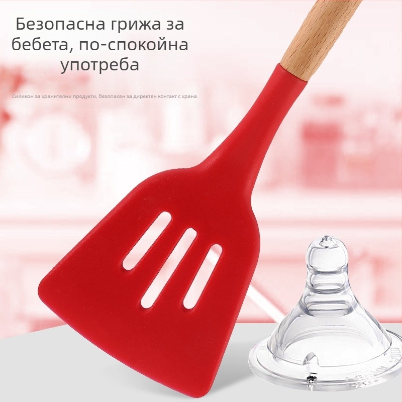 Комплект от 12 силиконови кухненски прибора с дървена дръжка, незалепващо покритие, тиган, лопатка, лъжица за супа, риболовна ограда, кухненски принадлежности с кофа за съхранение