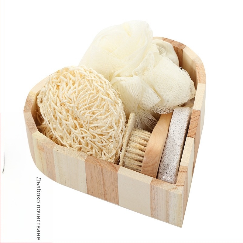 Голям комплект за баня Love, четка от сизал, четка за лице Luffa Slice, шлифоване на каменна вана за крака с цветя, пет части, принадлежности за баня