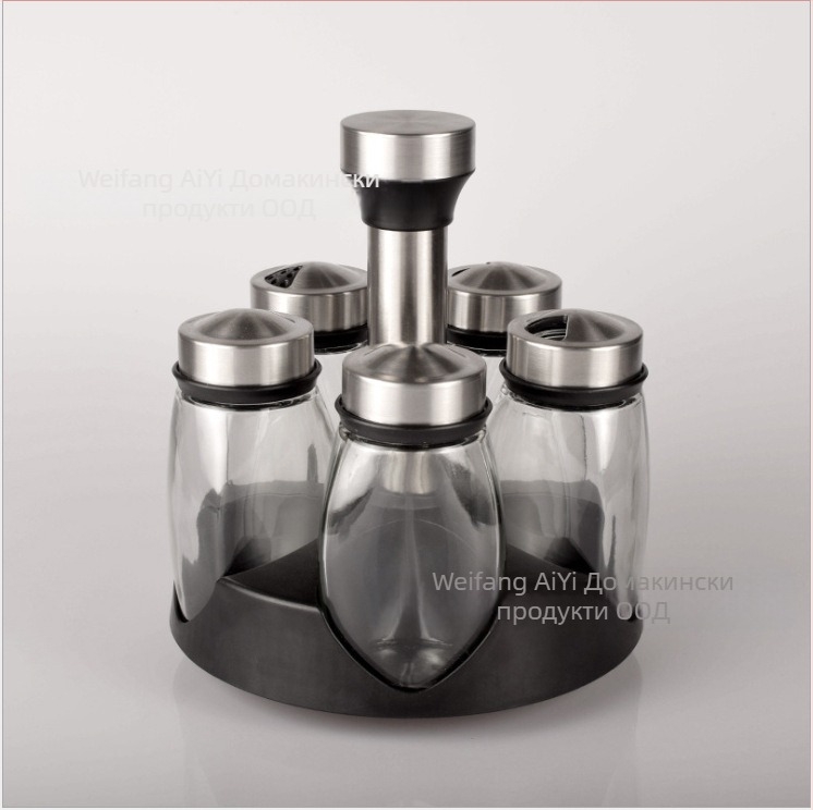 Кухненски принадлежности, въртящ се комплект стъклени бутилки за подправки, буркан от неръждаема стомана за подправки, поставка за бутилки за подправки, кутия за подправки