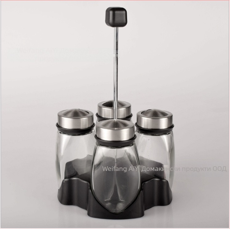 Кухненски принадлежности, въртящ се комплект стъклени бутилки за подправки, буркан от неръждаема стомана за подправки, поставка за бутилки за подправки, кутия за подправки