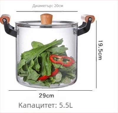 Домакински съд за изплакване, съд за овесена каша, съд за супа с отворен пламък, съд за яхния с дървена дръжка от високо боросиликатно стъкло, стъклен съд за готвене на юфка с голям капацитет
