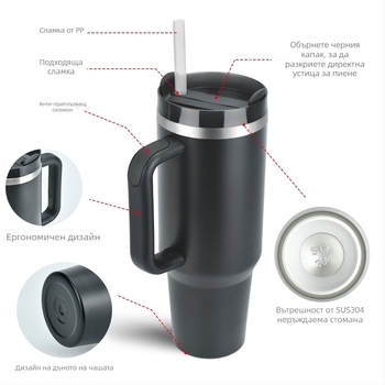 SX трансгранична чаша за кола с голям капацитет от 40 унции, дръжка, 304 неръждаема стомана, сламка за лед, преносима термо чаша за кола
