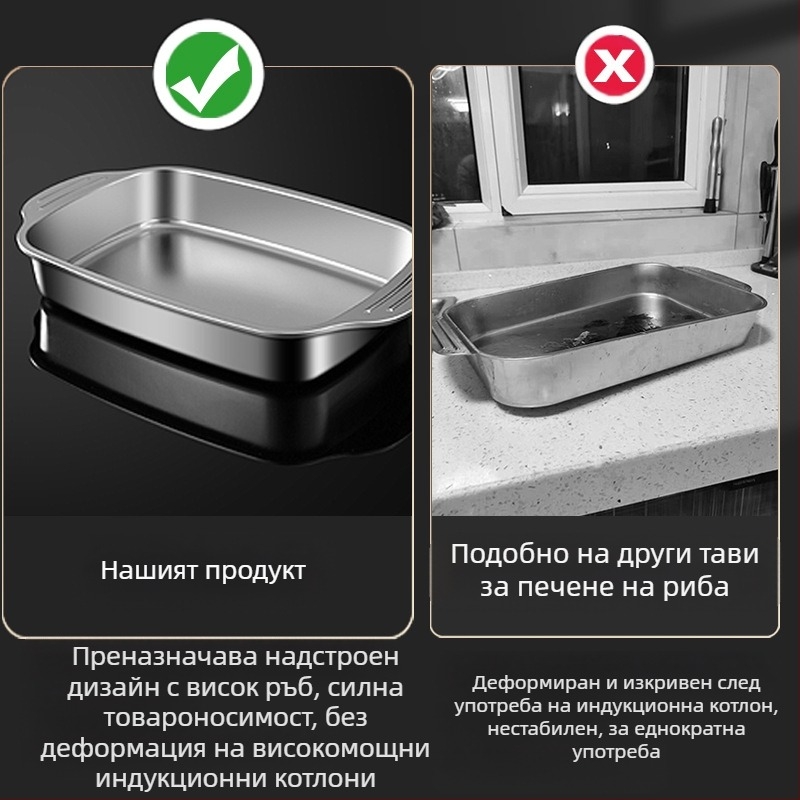 Неръждаема стомана удебелена плоча за печене на риба на скара, индукционна готварска печка, тава за печене, правоъгълна чиния, барбекю, морски дарове, раци, плоска търговска чиния