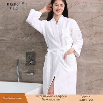 Чист памучен хотелски халат на едро, тънък памучен вафлен халат, салон за красота B & B абсорбиращ бързосъхнещ халат за жени