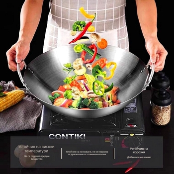 Неръждаема стомана Wok с двойно ухо, търговски, с една дръжка, голям тиган за готвач с кръгло дъно, незалепващ тиган, домакински Wok, специален за газова печка