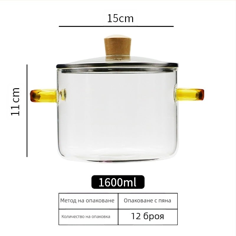 Стъклена тенджера за кухненски принадлежности с голям капацитет, малка с дръжка, зелена дръжка, стъклена тенджера, устойчива на висока температура, отворен пламък, универсална