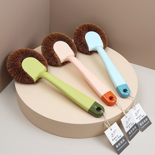 Jiayi 1816 Четка за тенджери с кокосово кафяво, Linyi General Store, пластмасова четка за почистване на кухненски тенджери с дълга дръжка в цвят макарон
