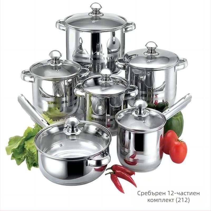 Комплект от дванадесет части с двойно дъно и удебелено дъно от неръждаема стомана, тенджера с една дръжка за мляко, тенджера за супа с две уши, комплект от шест части за подарък