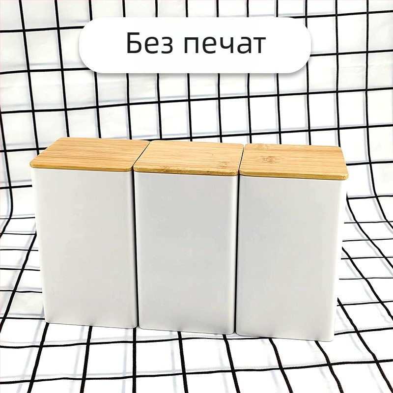 Бамбуков капак, желязна кутия, квадратен буркан, прост, в европейски и американски стил, буркан за кафе, бонбони, чай, ламаринена плоча, запечатана опаковка, метален буркан