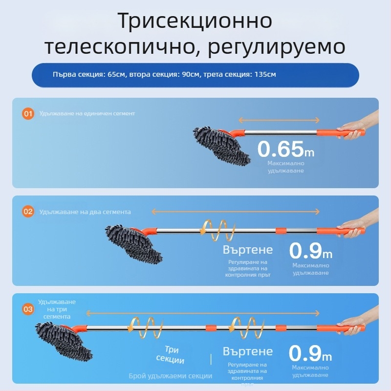 Комплект инструменти за автомивка Car Essentials, моп за автомивка с двойна глава и дълга дръжка, прибиращ се моп с мека четка