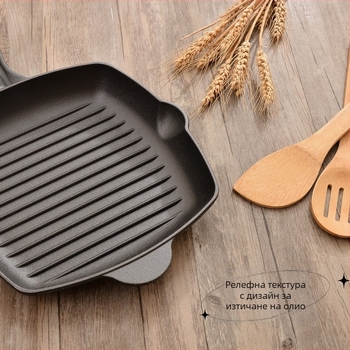 Дебел чугунен тиган за пържоли с дървена дръжка, домакински незалепващ тиган за пържоли без покритие, квадратен тиган
