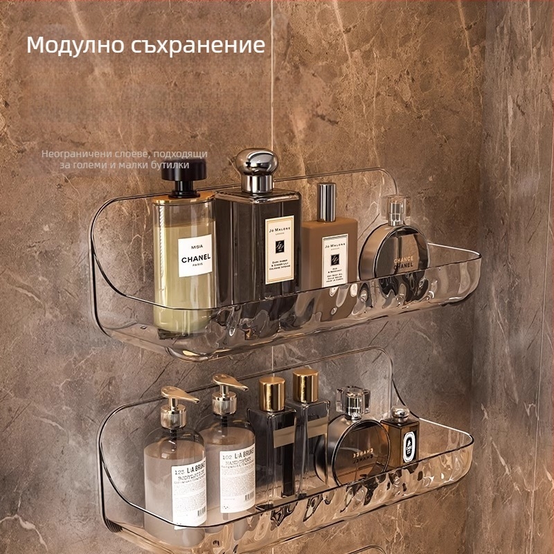 Акрилен стелаж за съхранение в баня, стелаж за съхранение в баня, стенен стелаж за умивалник без перфоратор