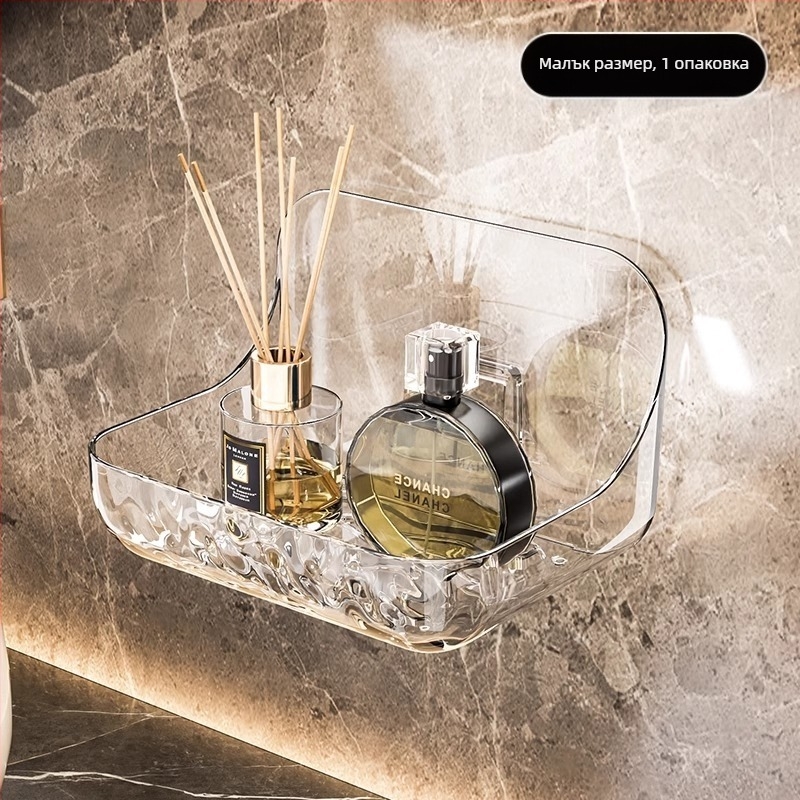 Акрилен стелаж за съхранение в баня, стелаж за съхранение в баня, стенен стелаж за умивалник без перфоратор