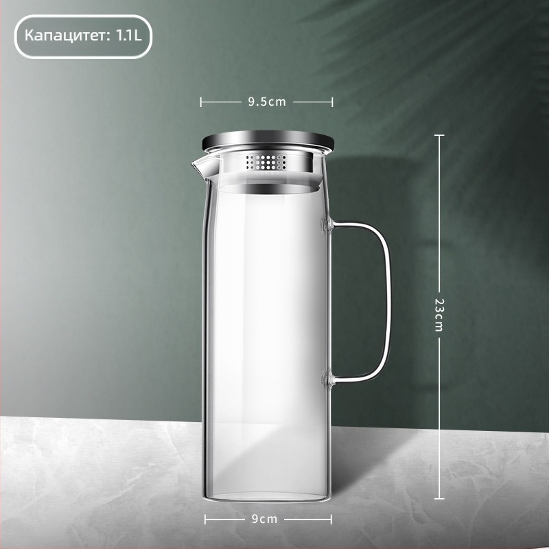 Стъклен чайник с висока цветна стойност и дръжка, устойчив на висока температура, търговски чайник с право тяло, студен чайник, студен чайник, стъклен чайник