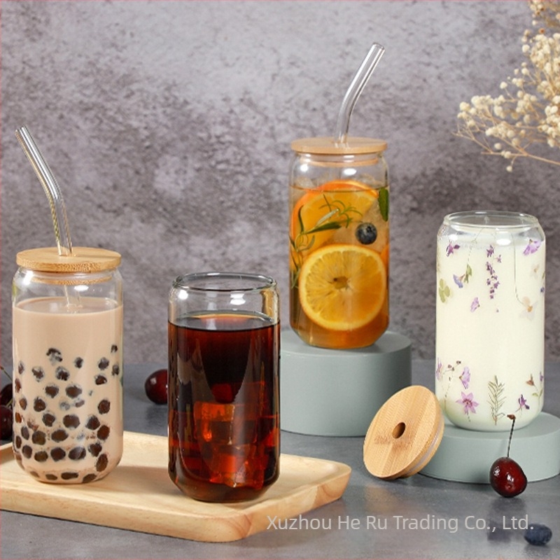 Трансграничен горещо продаван буркан от високо боросиликатно стъкло, сок, кафе, мляко, сламка с капак, 16oz, комплект чаша за кола