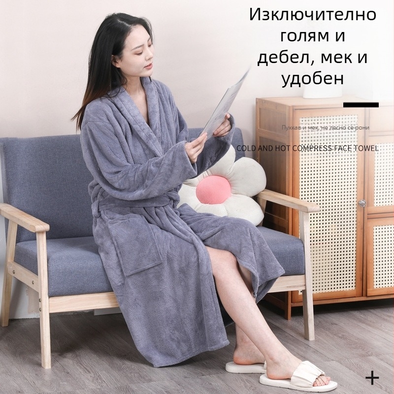 Коралов кадифен халат за двойки за мъже и жени, пижама с връзки и дълъг ръкав, удебелени водоабсорбиращи, бързосъхнещи дрехи за къпане