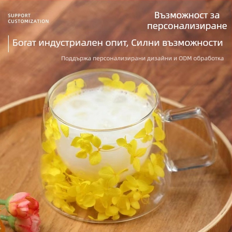 Двуслойна стъклена чаша за кафе от боросиликатно стъкло с дръжка, вградена чаша за сухи цветя