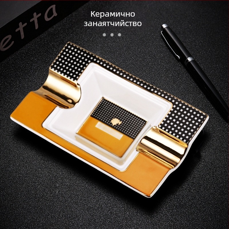 Лек луксозен пепелник за пури с двоен слот, фин костен порцеланов пепелник, правоъгълен керамичен пепелник за пури, клубни орнаменти