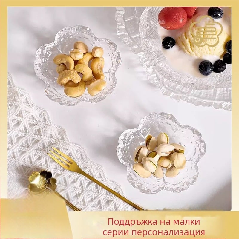 Следобеден чай, японска стъклена чиния с вкус на черешов цвят, чиния за сос, малка купа, домакински оцет, чиния за гореща тенджера