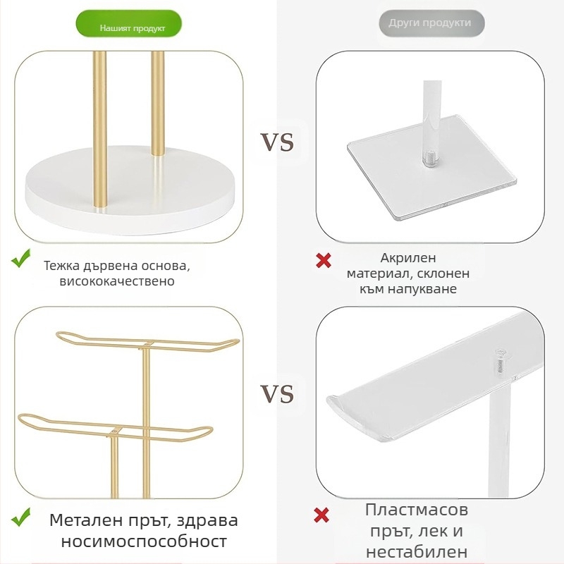 Двуслойна дървена основа със златен обръч за коса, настолна стойка за съхранение на ленти за коса, многофункционална стойка за шапки