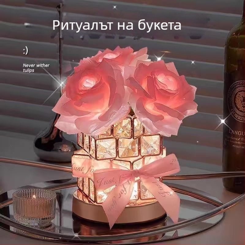 Настолна лампа Rose Cube Atmosphere, нощна светлина за момичета, приятелки, рожден ден, подарък за Свети Валентин, напреднала декорация