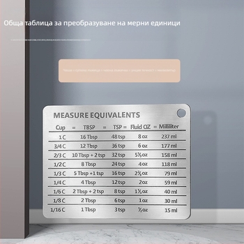 Стикер за хладилник от неръждаема стомана 304 с магнитна скала, мерителна чаша, аксесоари за мерителна лъжица, обща таблица за сравнение на мерни единици