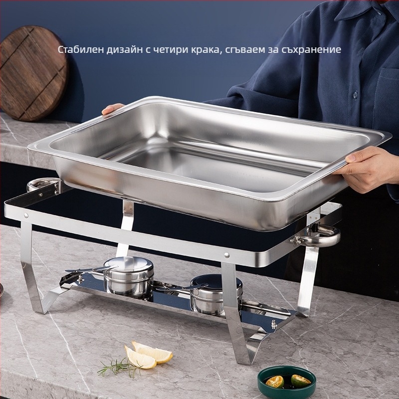 Трансгранична сгъваема печка за бюфет от неръждаема стомана за хотели, алкохолно отопление, изолация, златна правоъгълна сгъваема печка за бюфет