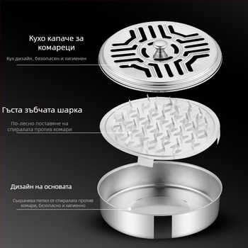 Удебелена кутия за тамян против комари от неръждаема стомана, увеличете с капак, домакинска чиния за тамян против комари, стойка за тамян против комари със сива чиния, огнеупорна креативна печка от сандалово дърво