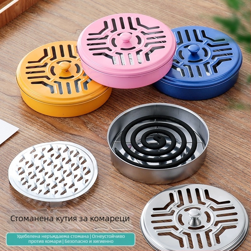 Удебелена кутия за тамян против комари от неръждаема стомана, увеличете с капак, домакинска чиния за тамян против комари, стойка за тамян против комари със сива чиния, огнеупорна креативна печка от сандалово дърво