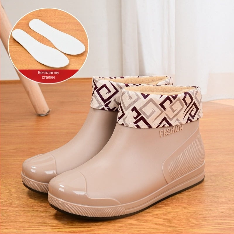 Модни дамски гумени ботуши, къси тръбни връхни обувки, топли неплъзгащи се гумени ботуши, водоустойчиви ботуши, кухненски, автомивка, работа, гумени обувки