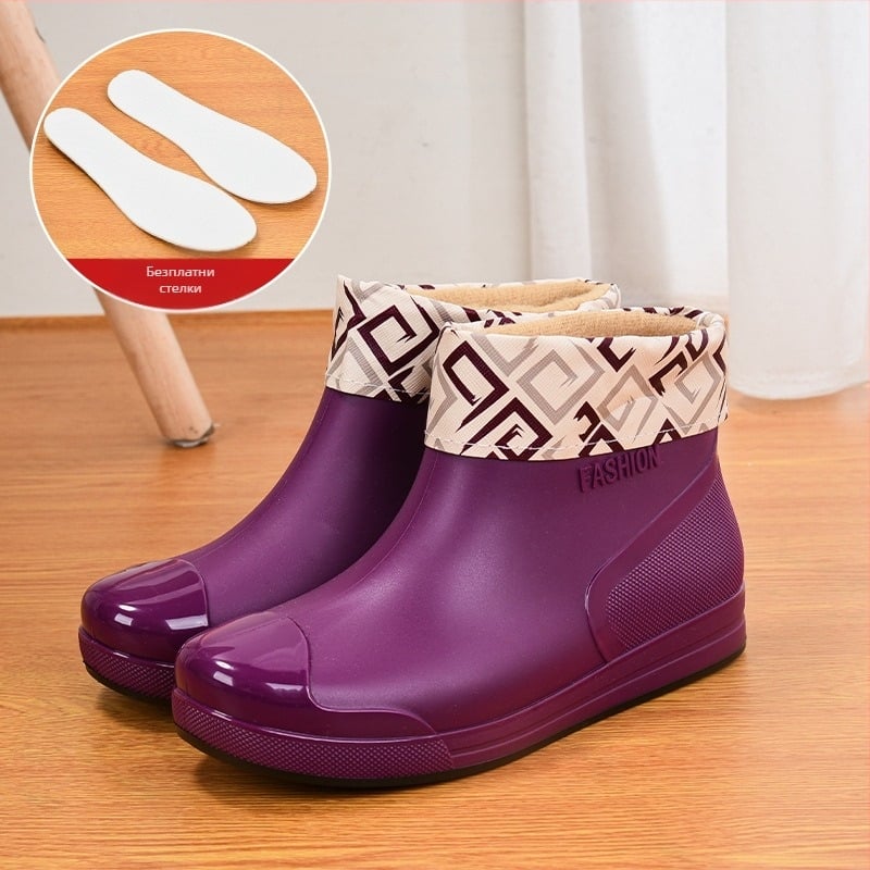 Модни дамски гумени ботуши, къси тръбни връхни обувки, топли неплъзгащи се гумени ботуши, водоустойчиви ботуши, кухненски, автомивка, работа, гумени обувки