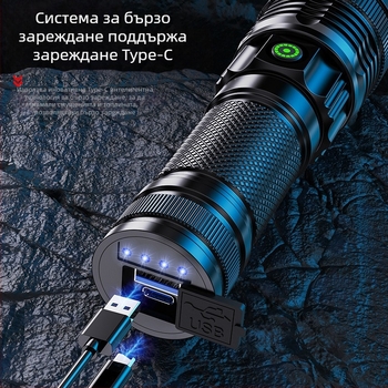 Телескопичен фенер от алуминиева сплав с бял лазерен чип, силен светлинен дисплей, захранване с USB и директно зареждане на външна батерия.