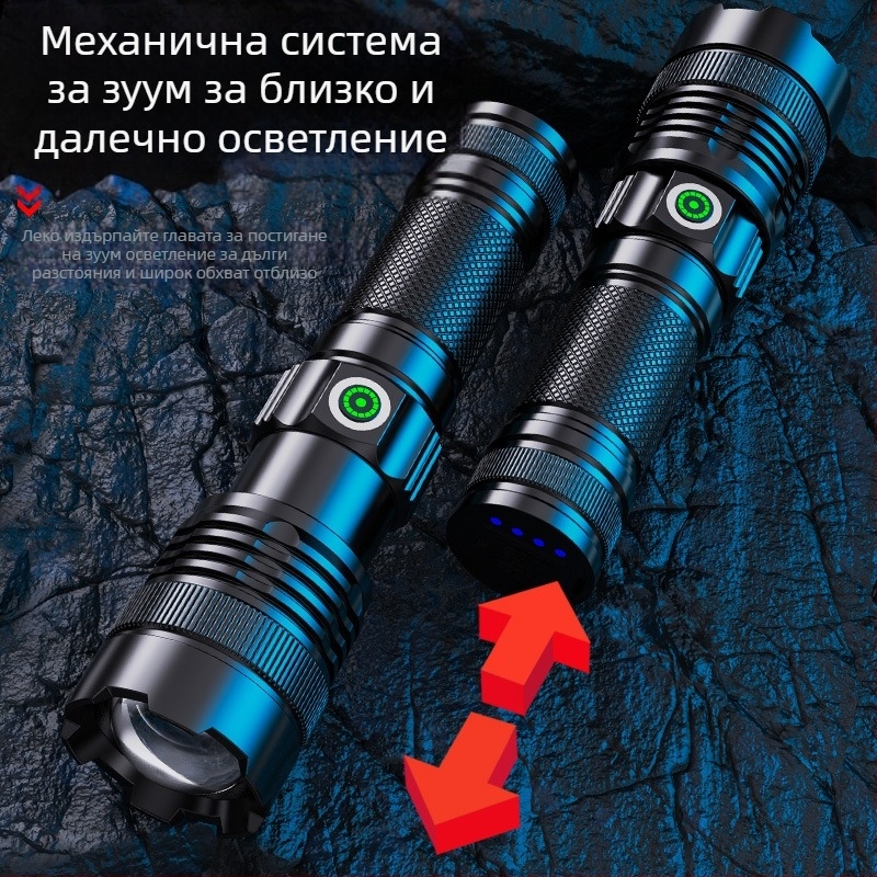 Телескопичен фенер от алуминиева сплав с бял лазерен чип, силен светлинен дисплей, захранване с USB и директно зареждане на външна батерия.