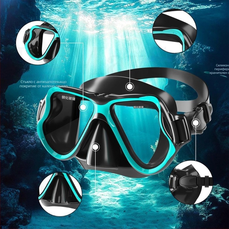 Огледало за свободно гмуркане, защита за носа, водоустойчива и непропусклива, вградена половин лицева част от закалено стъкло плюс силиконови очила за гмуркане