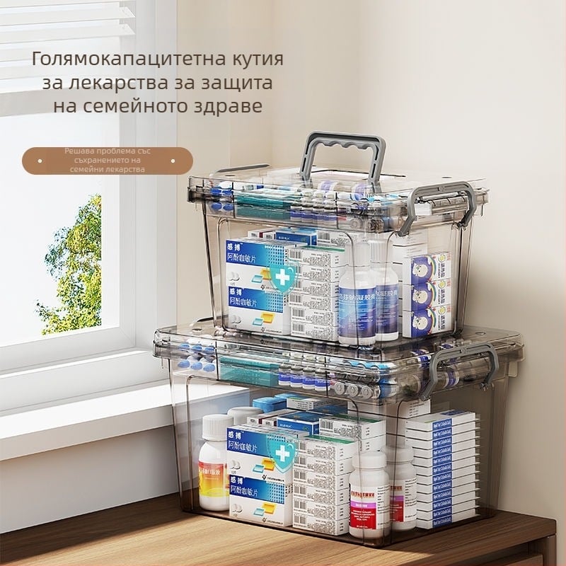 Прозрачна преносима кутия за лекарства за домакинство с голям капацитет, кутия за съхранение на медицински консумативи за първа помощ, класификация на лекарства, пластмасова многослойна