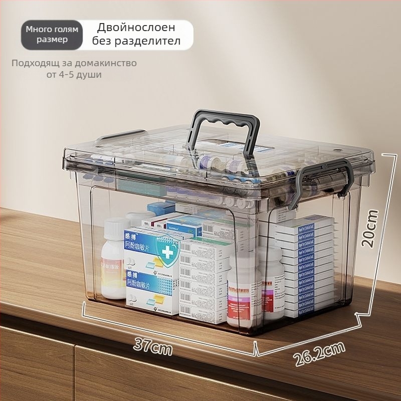 Прозрачна преносима кутия за лекарства за домакинство с голям капацитет, кутия за съхранение на медицински консумативи за първа помощ, класификация на лекарства, пластмасова многослойна