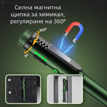 Портативно фенерче с двойни светлинни източници и магнитно закрепване, съвместимо с сухи и литиеви батерии