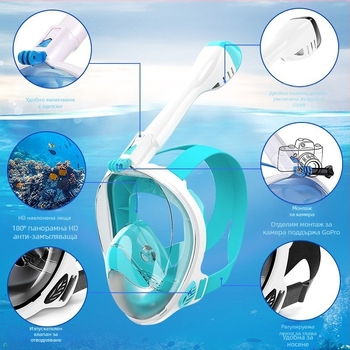 Маска за гмуркане, дишане, разделяне на дихателните пътища, дихателна тръба, лесна за включване, поддръжка за GoPro камера, напълно суха маска против замъгляване