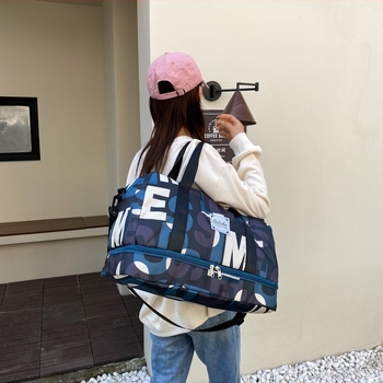 Корейски стил, проста чанта с букви, модна пътна чанта за жени, разширяема чанта за багаж с голям капацитет, сухо и мокро разделяне, чанта за йога тренировки