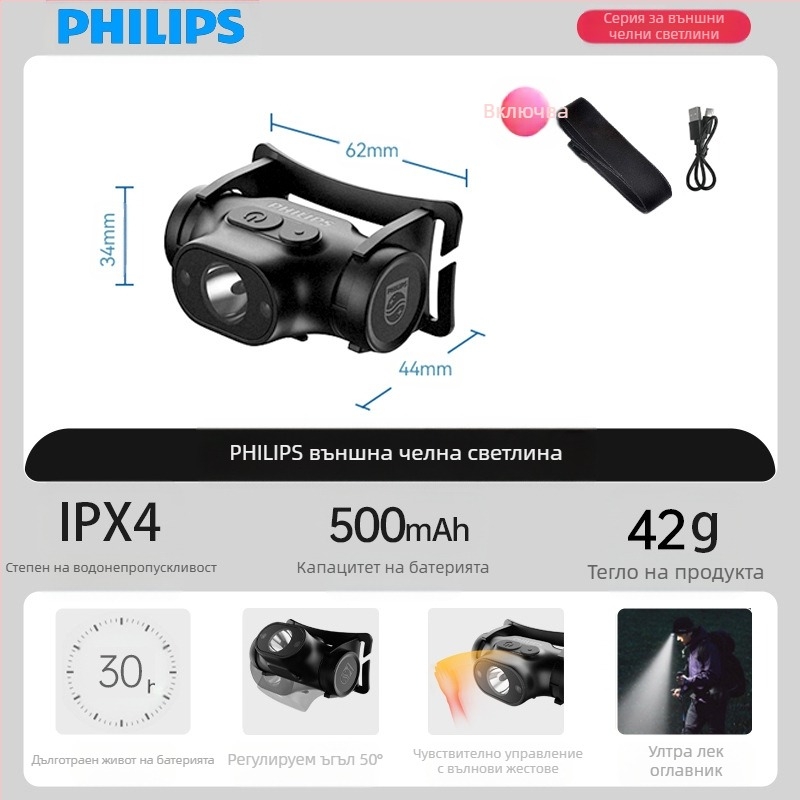 Ултралек интелигентен сензорен челник Philips Sfl1851, за външен туризъм, къмпинг, патрулен, монтиран на главата