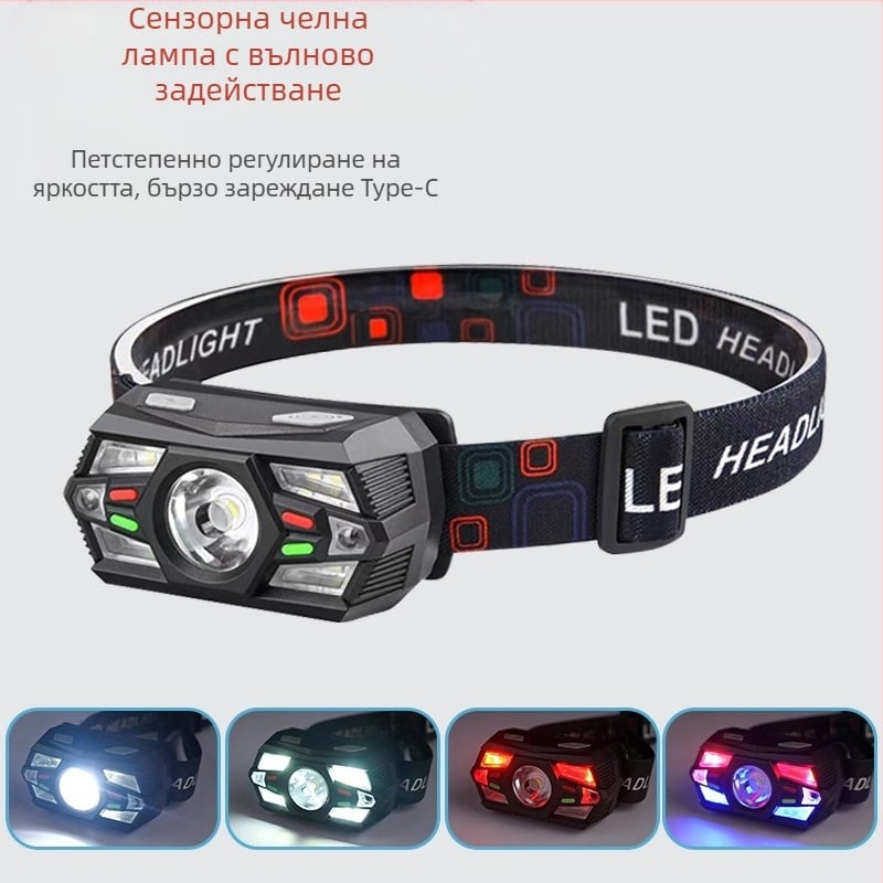 Трансграничен интелигентен индукционен малък фар, многофункционален, многоизточник на светлина, зареждащ се на открито, фенерче, монтирано на главата, нощна риболовна лампа на едро