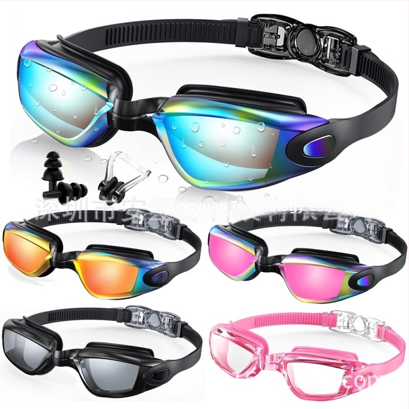 Очила за плуване за възрастни с трансгранични експлозии, HD галванични лещи против замъгляване за мъже и жени с тапи за уши, щипка за нос, директна доставка от фабриката