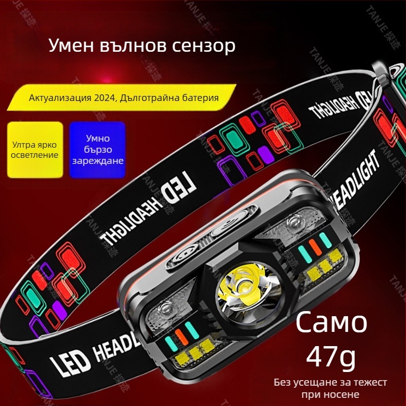 Трансграничен интелигентен индукционен малък фар, многофункционален, многоизточник на светлина, зареждащ се на открито, фенерче, монтирано на главата, нощна риболовна лампа на едро