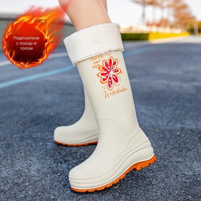Дамски гумени ботуши на едро с дебело дъно, дълги тръби, неплъзгащи се, водоустойчиви, високи гумени ботуши с полар, устойчиви на износване, гумени обувки за кухня, работа на открито