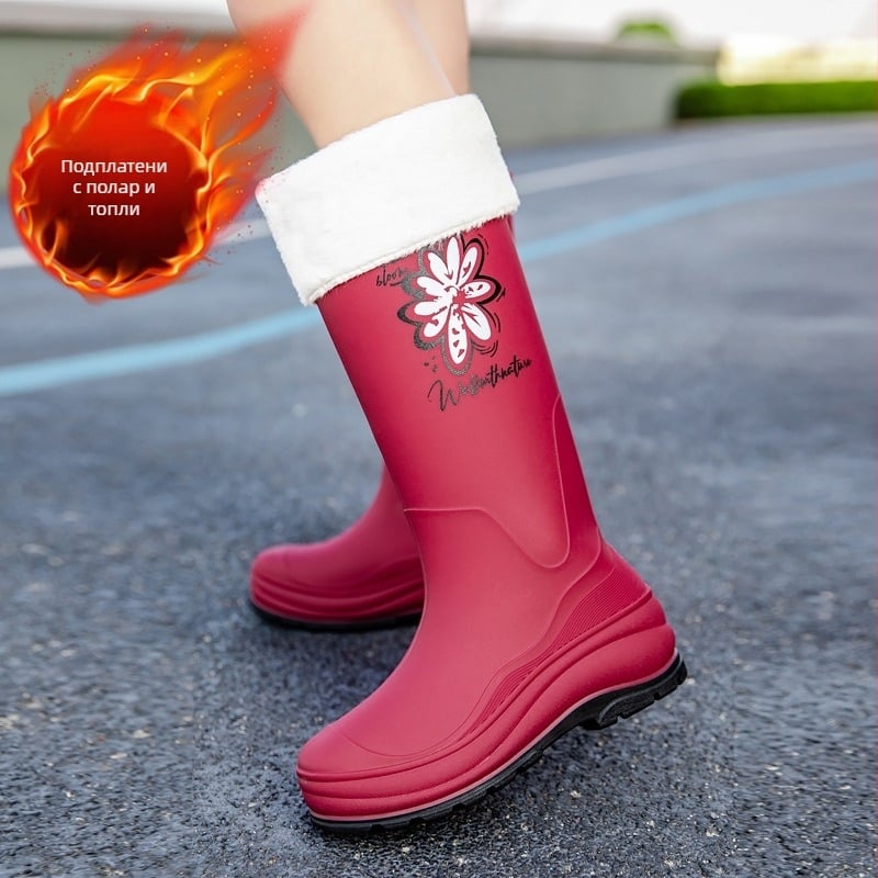Дамски гумени ботуши на едро с дебело дъно, дълги тръби, неплъзгащи се, водоустойчиви, високи гумени ботуши с полар, устойчиви на износване, гумени обувки за кухня, работа на открито