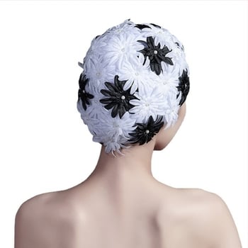 Дамска шапка за плуване с дълга коса в стил Instagram, черно-бяла триизмерна цветна шапка, модна ръчно ушита, голям размер, предпазваща ушите