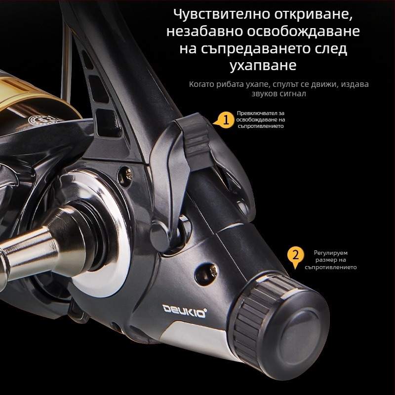 Забавно двойно разтоварващо въртящо се колело, изцяло метално телче, чаша за риболовна тел, колело отпред и отзад, спирачка, сила на разтоварване, риболовно колело, библиотека, риболовно колело за шаран на едро