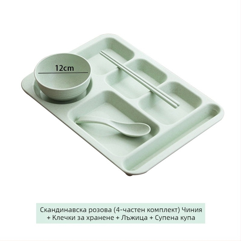 Чиния за вечеря от пшенична слама, 5 броя, с купа, клечки за хранене, лъжица, комплект прибори за хранене, търговска студентска столова, хотелска пластмасова чиния за бързо хранене
