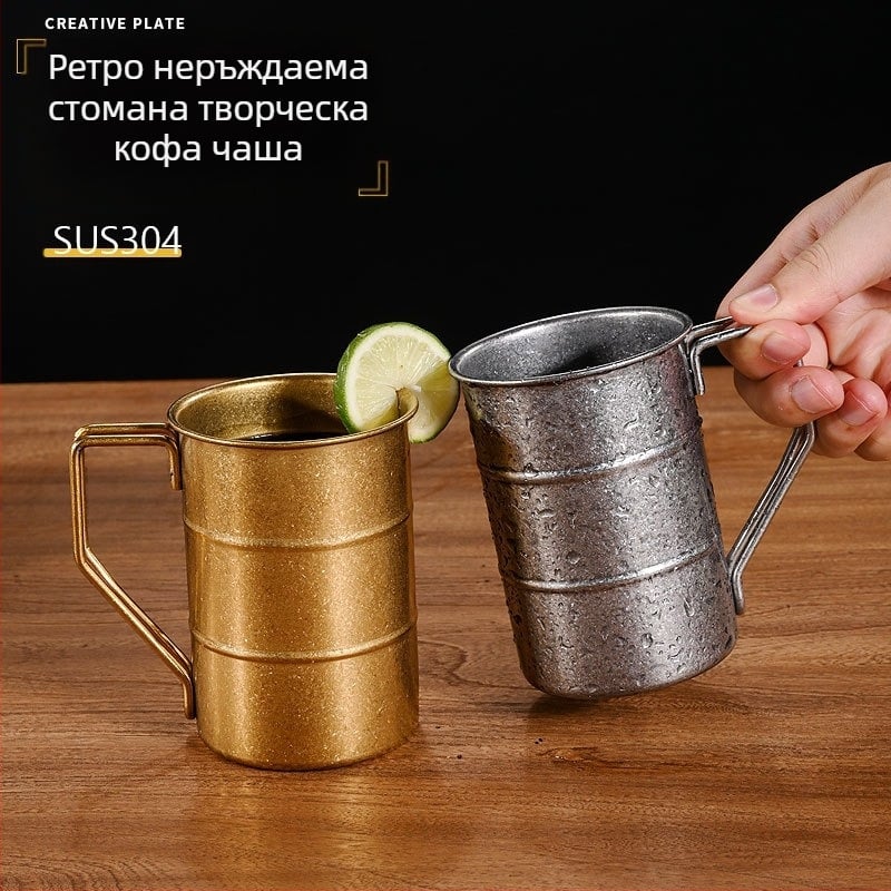 Винтидж халба за бира от неръждаема стомана 304, халба с пясък от снежинка, креативна стара халба за къмпинг на открито, персонализирано лого