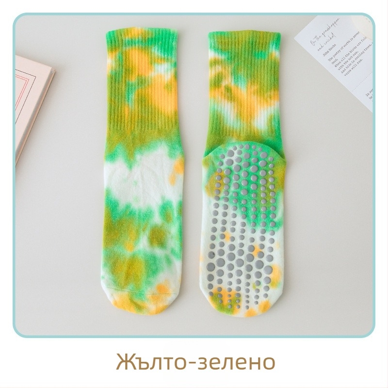 Силиконови неплъзгащи се йога чорапи за жени, чорапи с тай-дай, средна дължина, пенирани памучни фитнес чорапи за жени, пилатес спортни чорапи